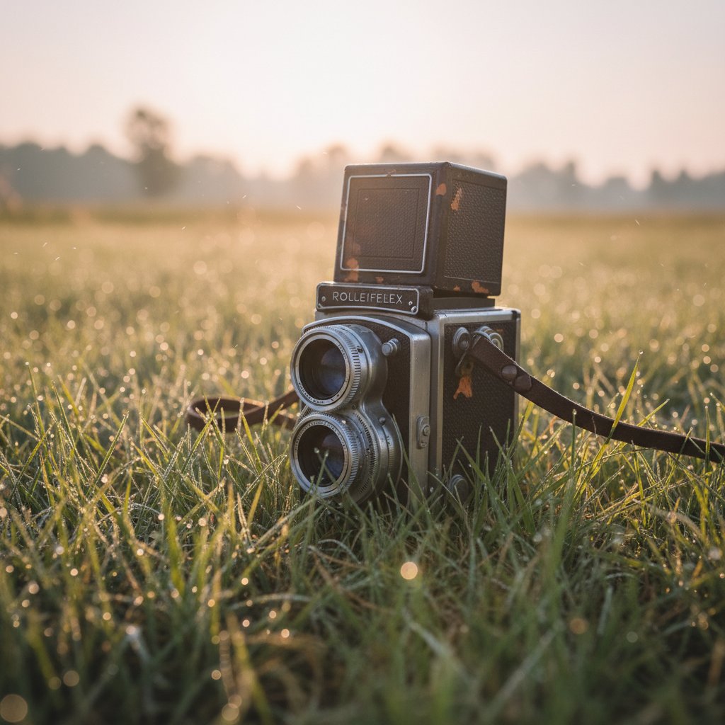 Old film camera abandoned in nature, symbolizing forgotten pioneers of wildlife cinema
