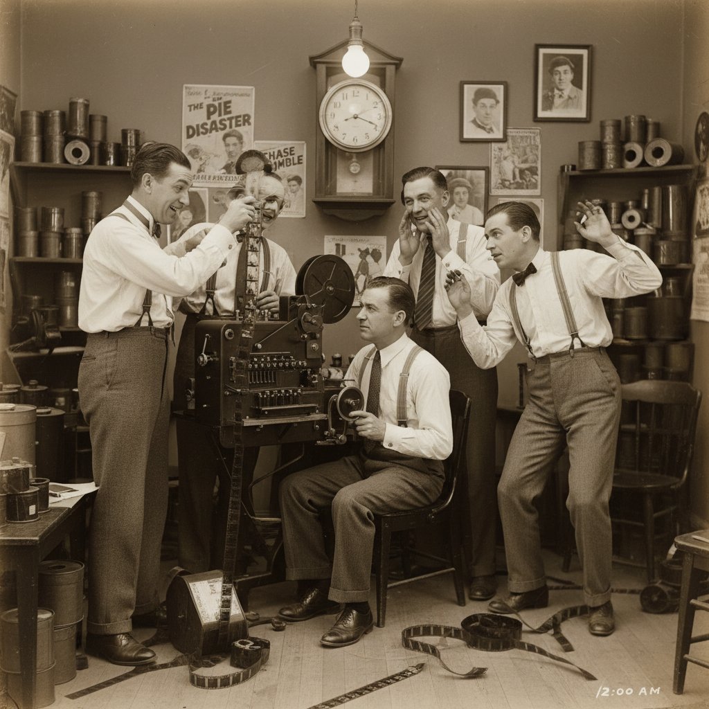 Black-and-white photo of a classic film editor cutting a comedy reel, with vintage movie posters in the background.