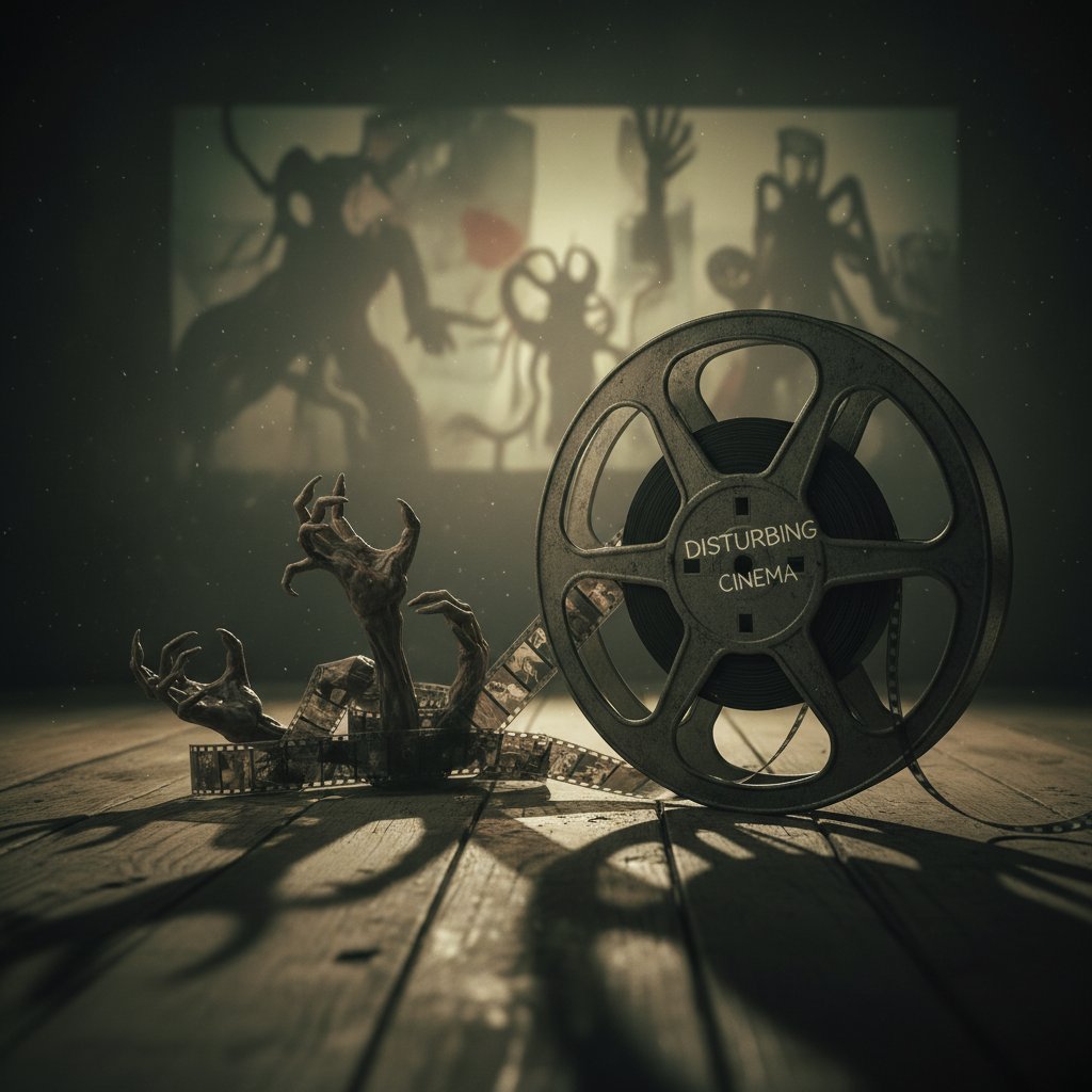 Vintage film reel with eerie shadows, evoking early disturbing movie scenes