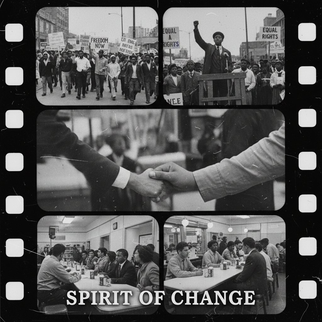 Vintage black-and-white film reel with iconic protest scenes, history of activism movies