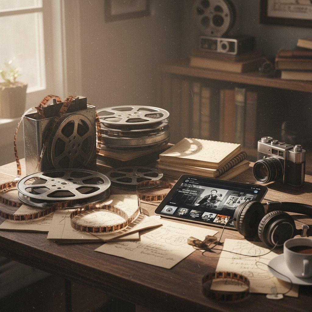 Stylish workspace with vintage film reels, notepads, and a digital tablet displaying a movie app