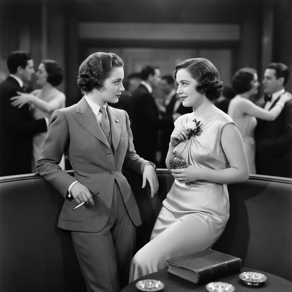 Queer-coded classic movie scene, black-and-white vintage film still