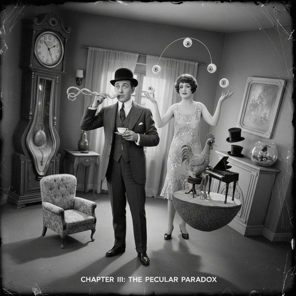 Vintage film scene with surreal, comedic twist, iconic black-and-white movie still