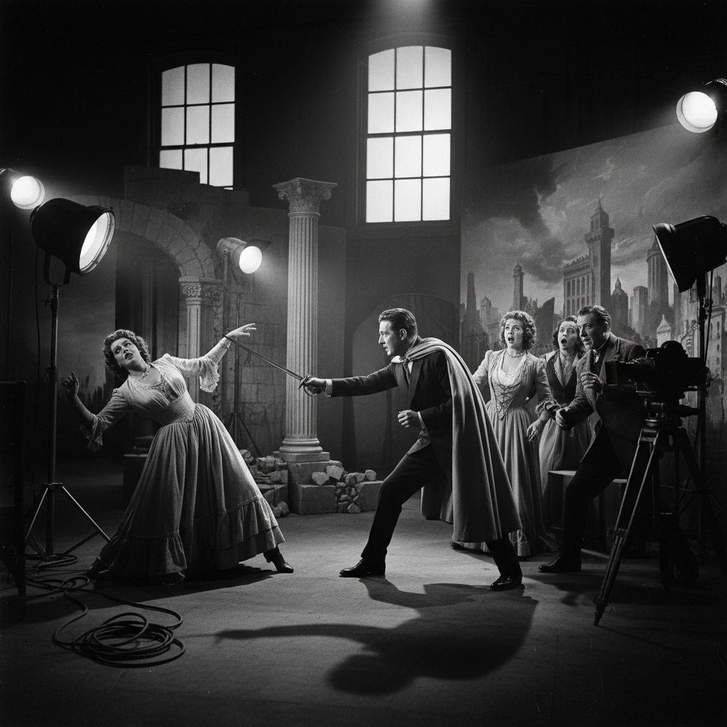 Vintage film set with actors frozen in dramatic poses in black and white illustrating the roots of movie time stop movies