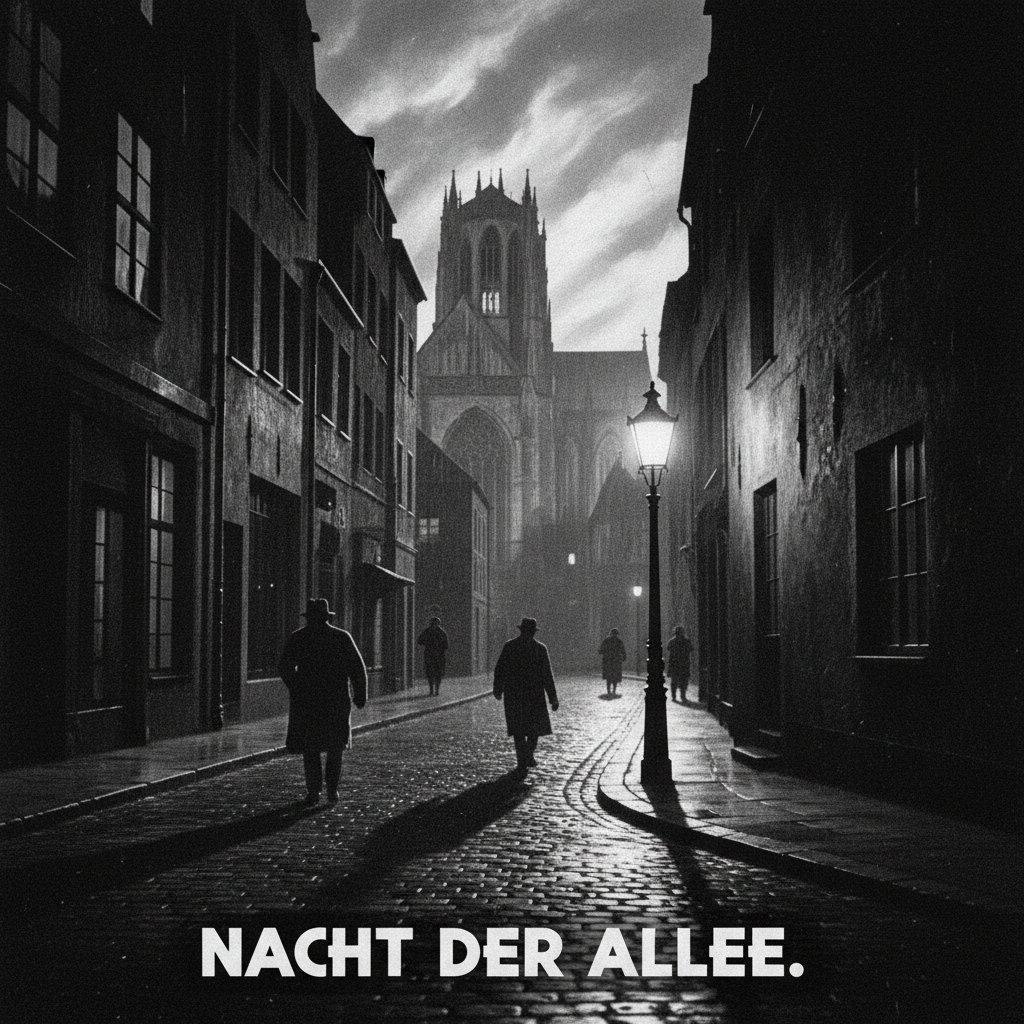 Vintage German film scene, black-and-white, tense urban setting, moody lighting