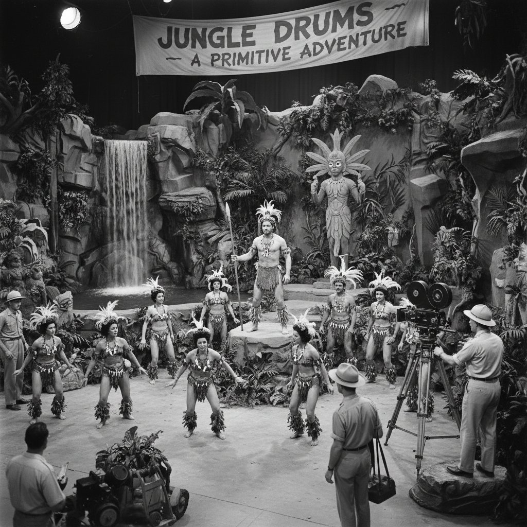 Photo from a vintage Hollywood jungle movie set, showing staged tribal costumes and actors