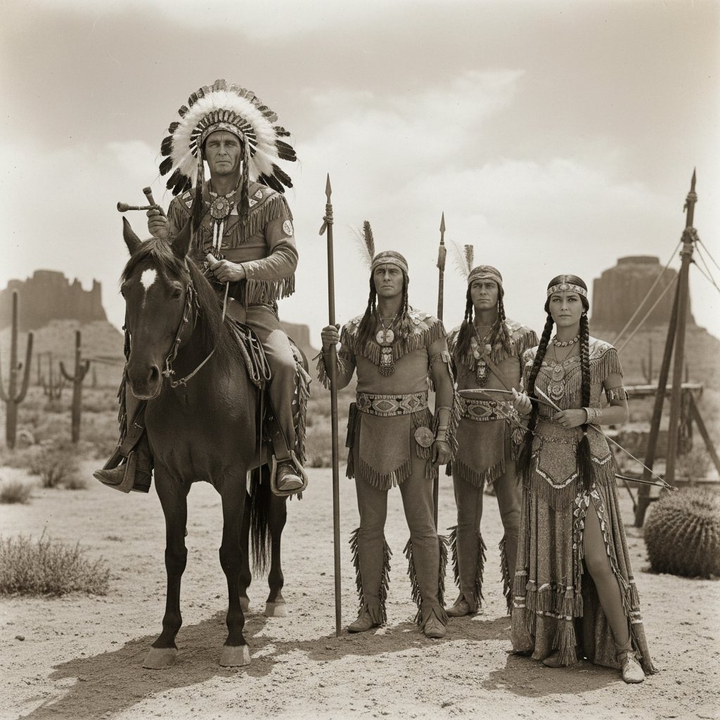 Vintage photograph of early Hollywood Western set with white actors in Native costumes, native american movies stereotypes