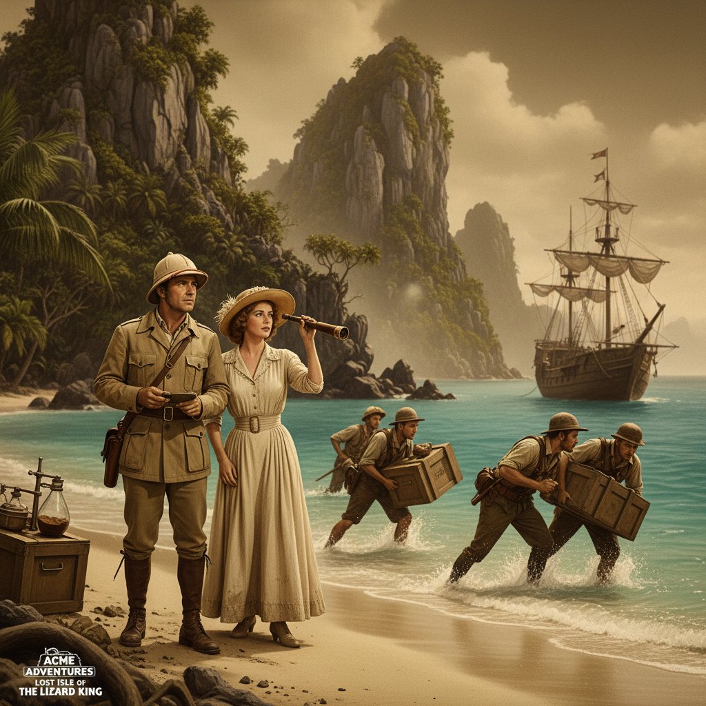 Vintage-style scene of early island movies, actors in 1930s costumes on a remote beach