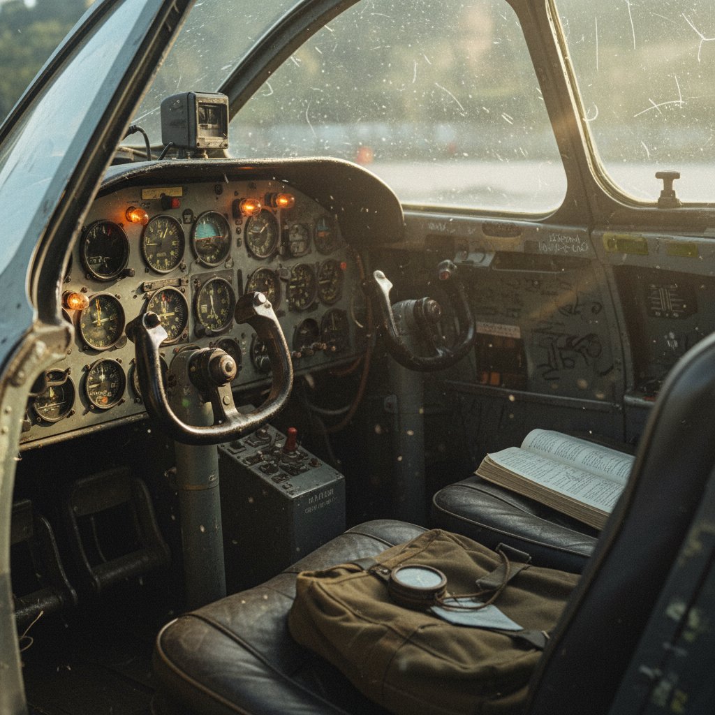 Vintage jet cockpit with indie film aesthetic, capturing the gritty side of aviation cinema