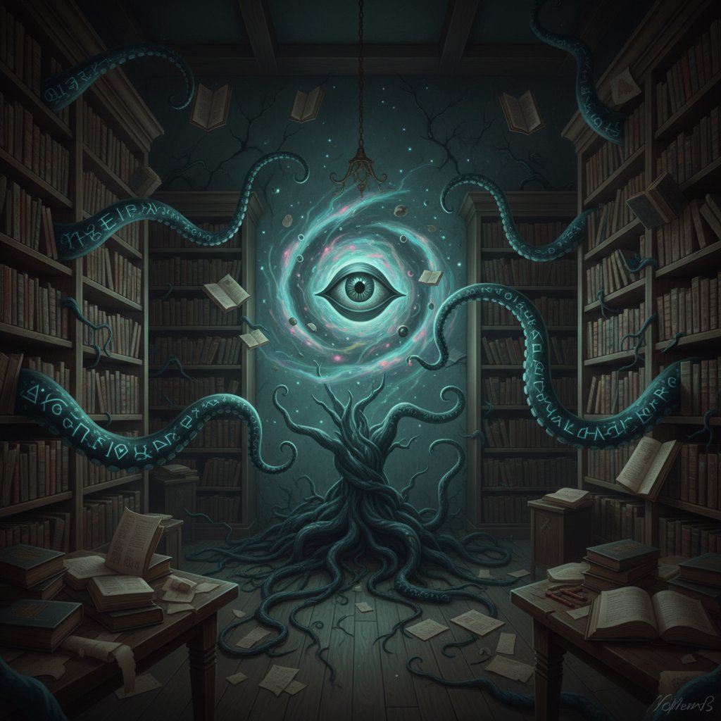 Vintage monochrome photo drawing depicting a haunted library with shadowy tentacles emerging from ancient books, representing cosmic horror roots
