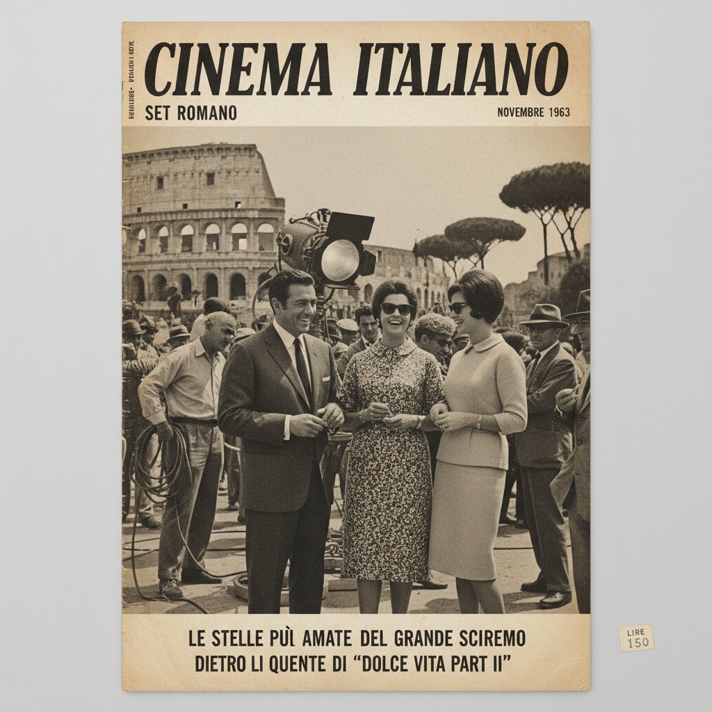 Vintage magazine cover of iconic Italian actors on a glamorous 1960s film set in Rome