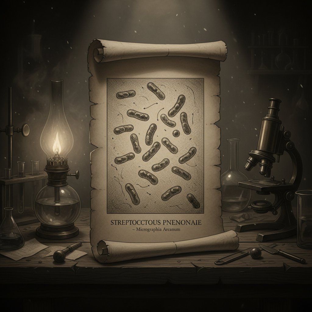 Historyczne przedstawienie bakterii pneumokoków w stylu retro.