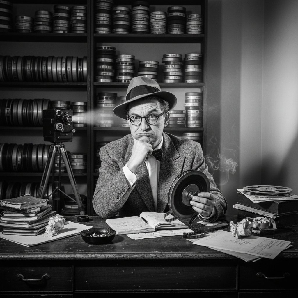 Vintage movie critic surrounded by stacks of film reels, looking skeptical, better than traditional movie critics
