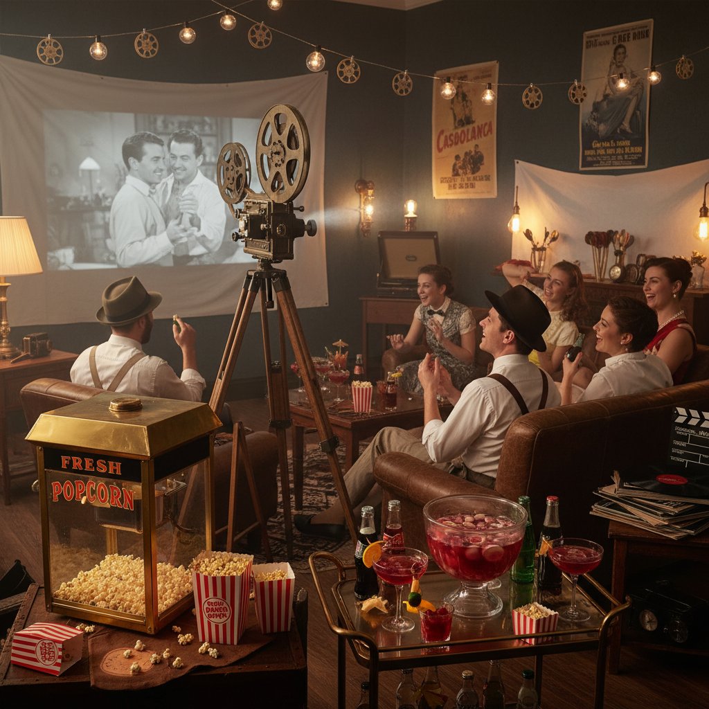Table set with retro popcorn buckets, cocktails, and home projector for a lively vintage movie party