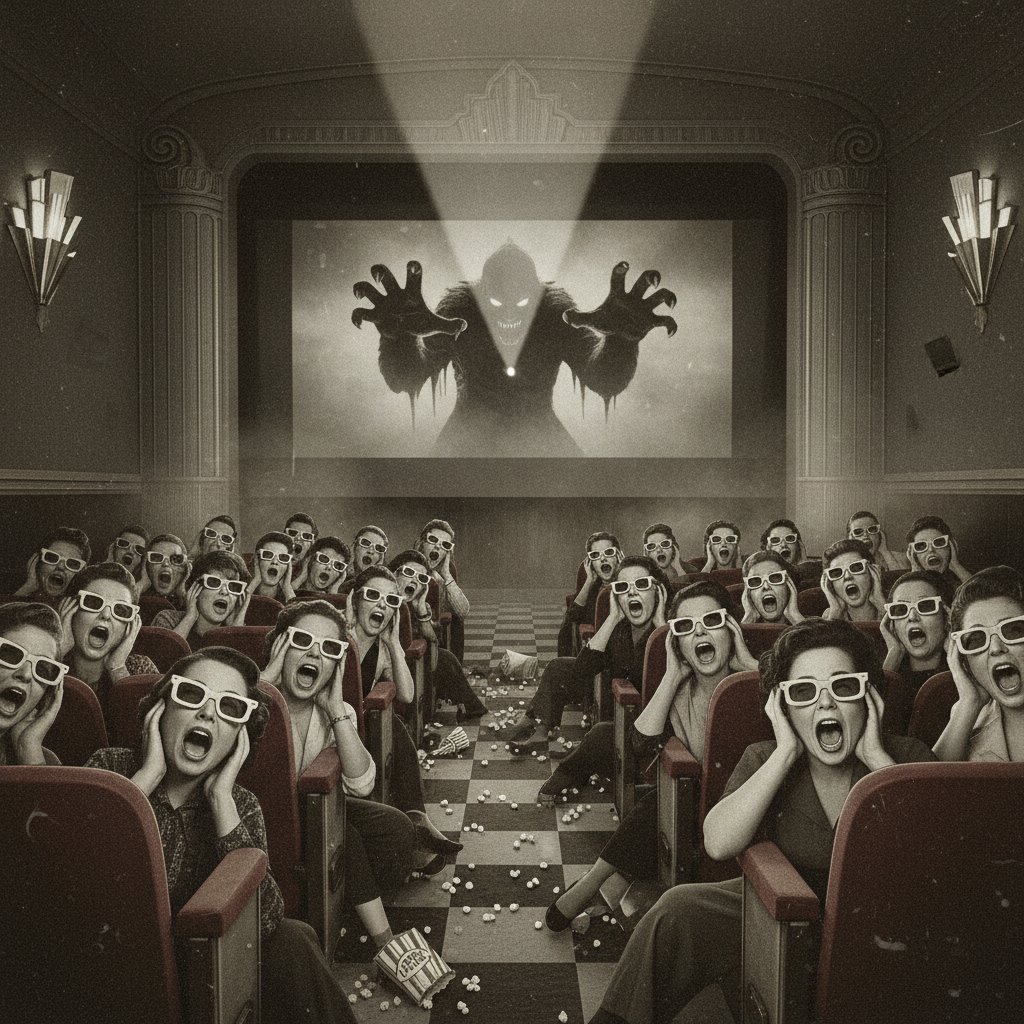 Vintage crowd in 1950s cinema experiencing early 3D