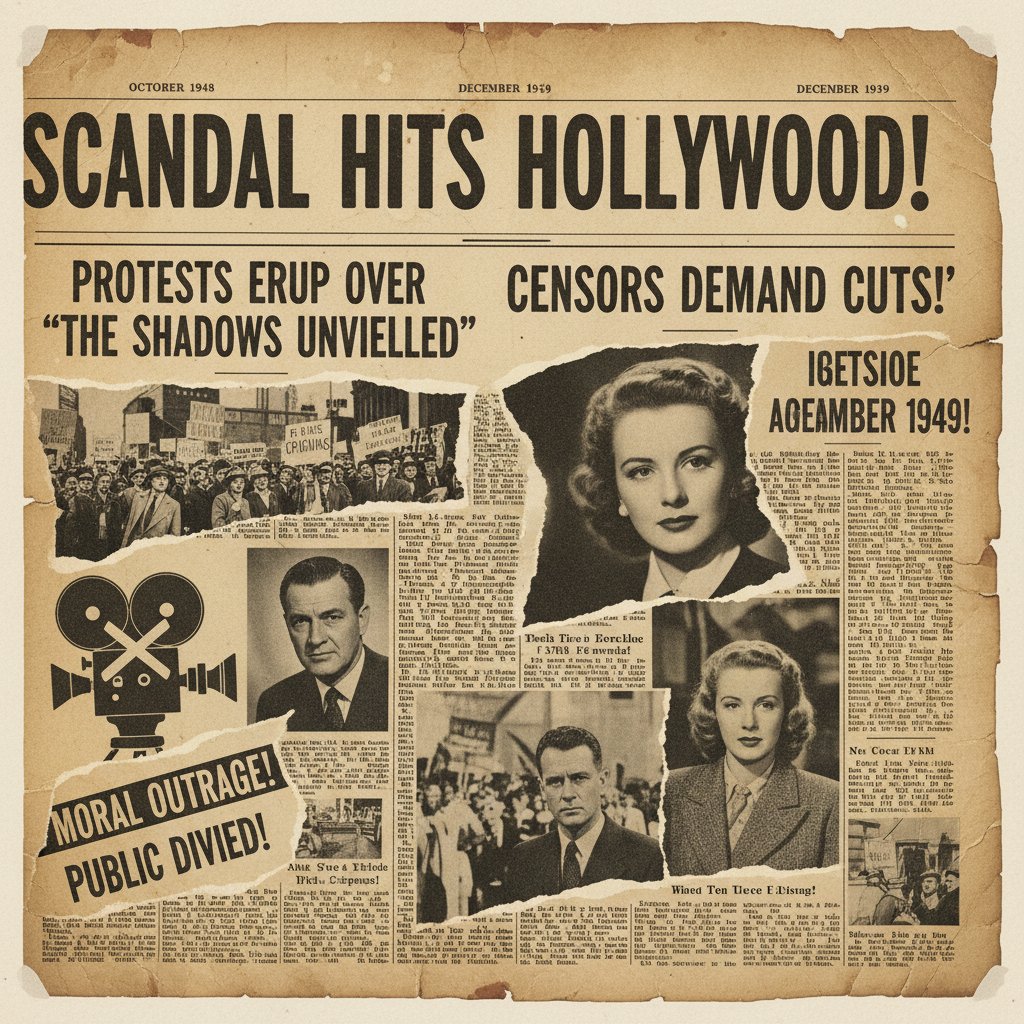 Vintage collage of newspaper headlines covering film bans and abstract movie controversies, black-and-white, chaotic layout