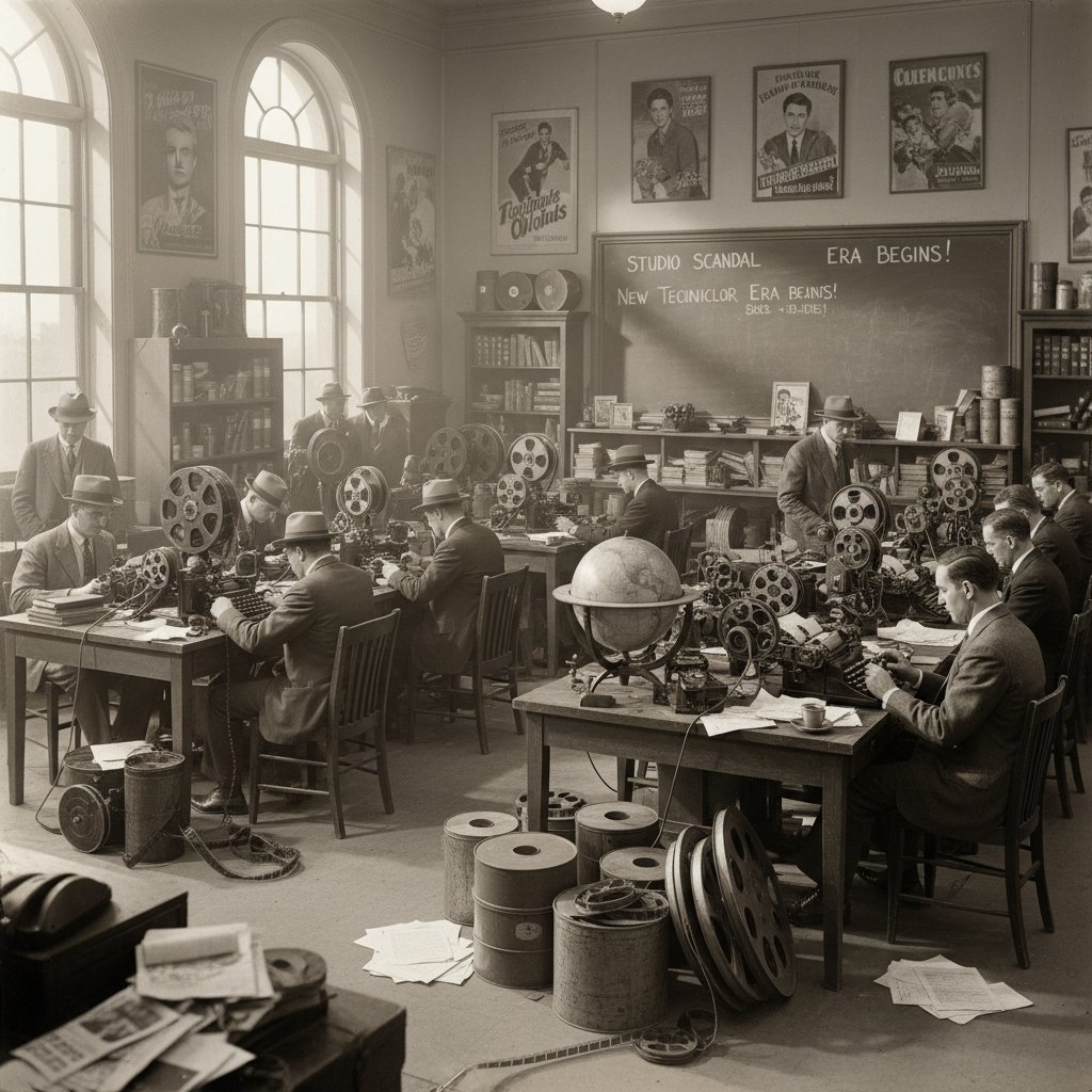 Vintage newsroom with movie journalism icons and film reels in action, sepia tones