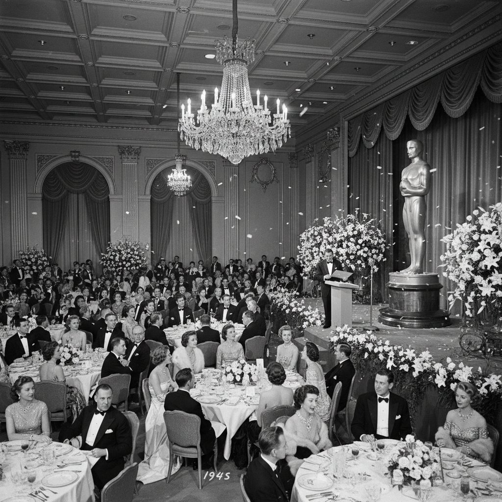 Vintage 1929 Oscar ceremony with stars in black tie at a historic ballroom, glamorous and nostalgic mood, high-contrast