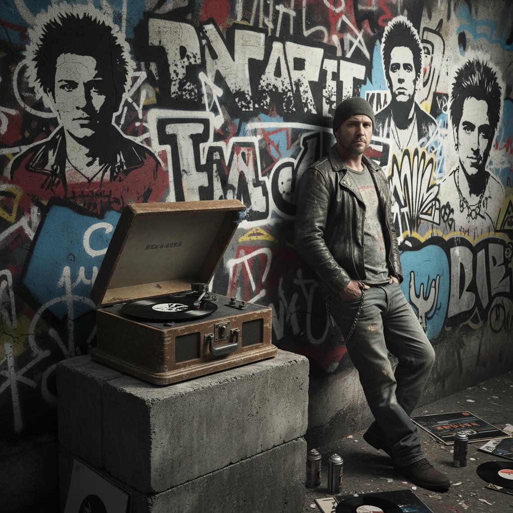 Close-up of vintage record player, urban graffiti background, high contrast, moody lighting