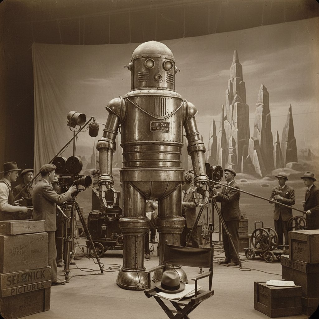 Black-and-white photo of a vintage robot on a film set, film reels in background, robot movies history