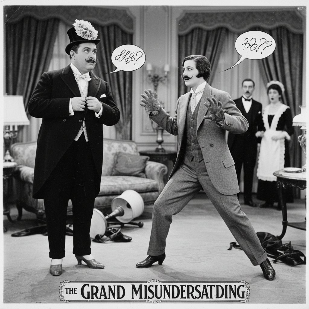 Vintage silent film scene with actors reacting to swapped identities in classic black-and-white style