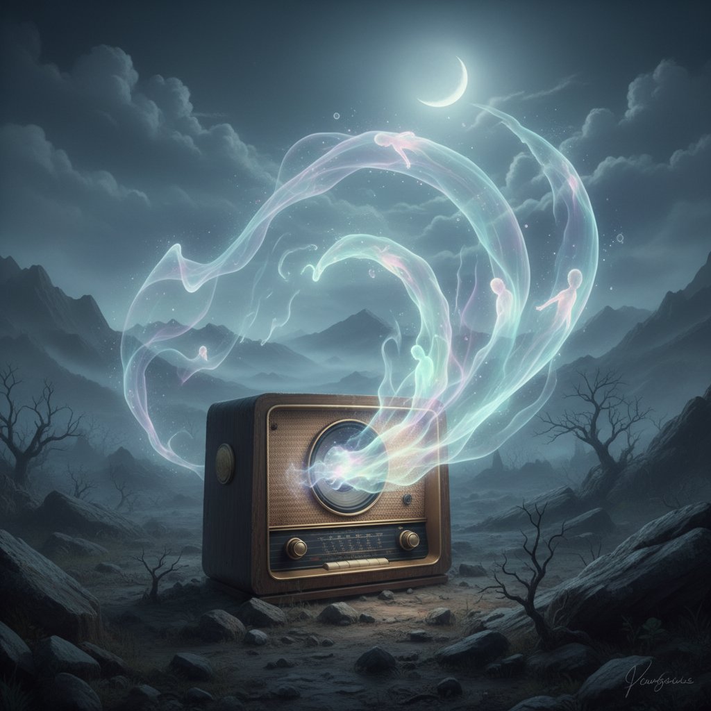 Close-up of vintage speaker with ghostly mist swirling around