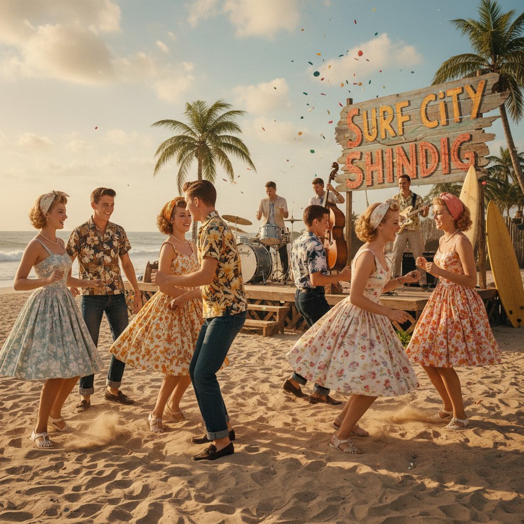 Vintage teens dancing on the sand, vibrant colors, classic beach party movie