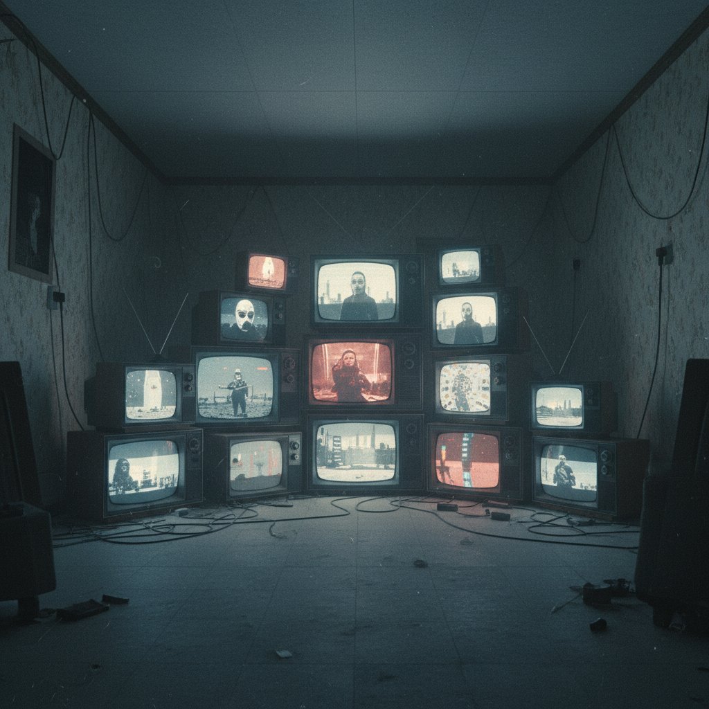 Moody vintage TV sets with dystopian films playing reflect a nostalgic obsession with dystopian movies