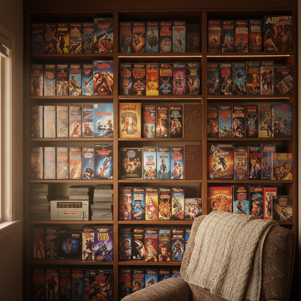 Vintage VHS special edition movie boxes on collector shelves