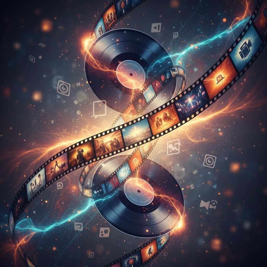 Abstract photo blending vinyl records and film strips, symbolizing movie and music recommendation crossover