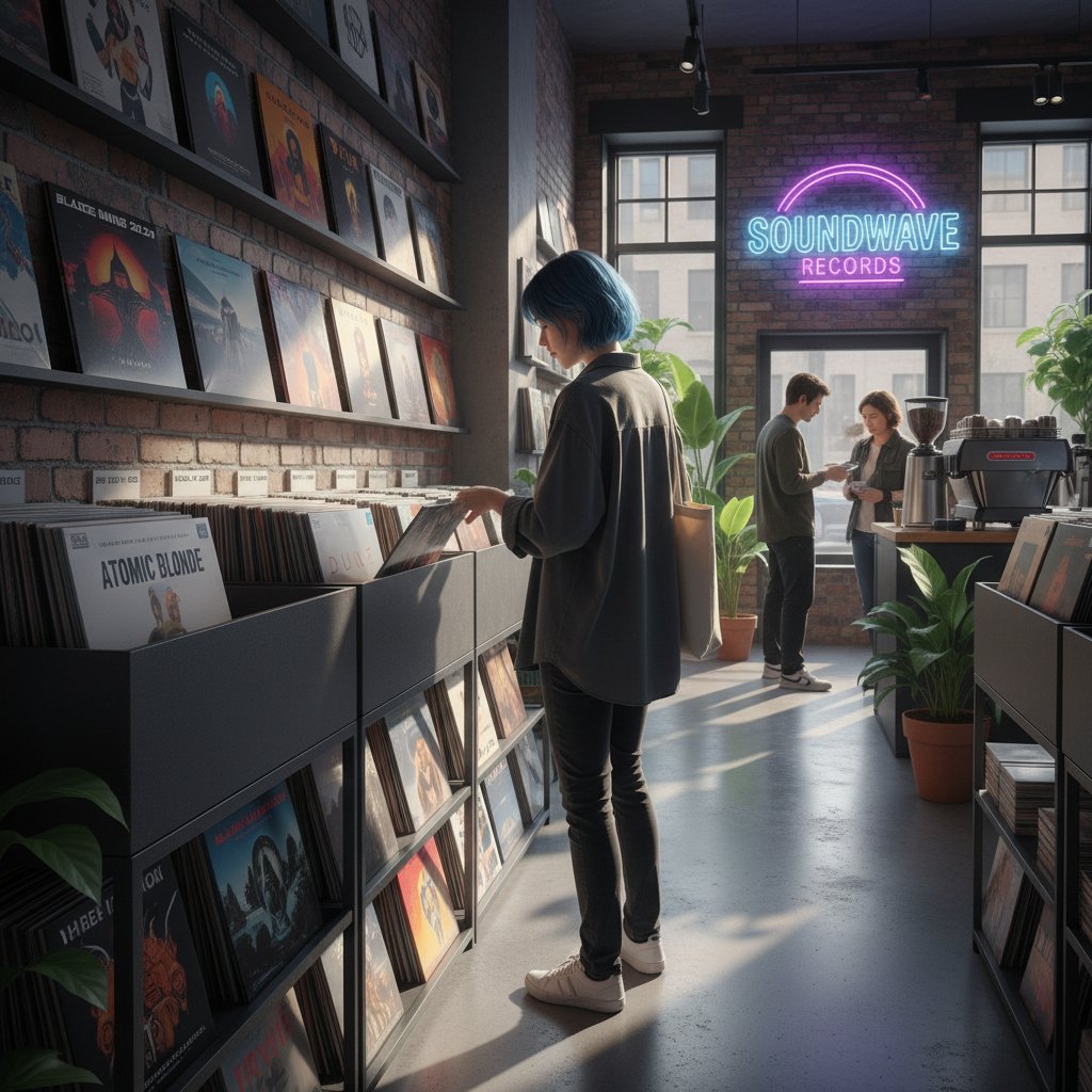 Vinyl soundtrack collector browsing records in an urban record store, lifestyle modern hipster scene