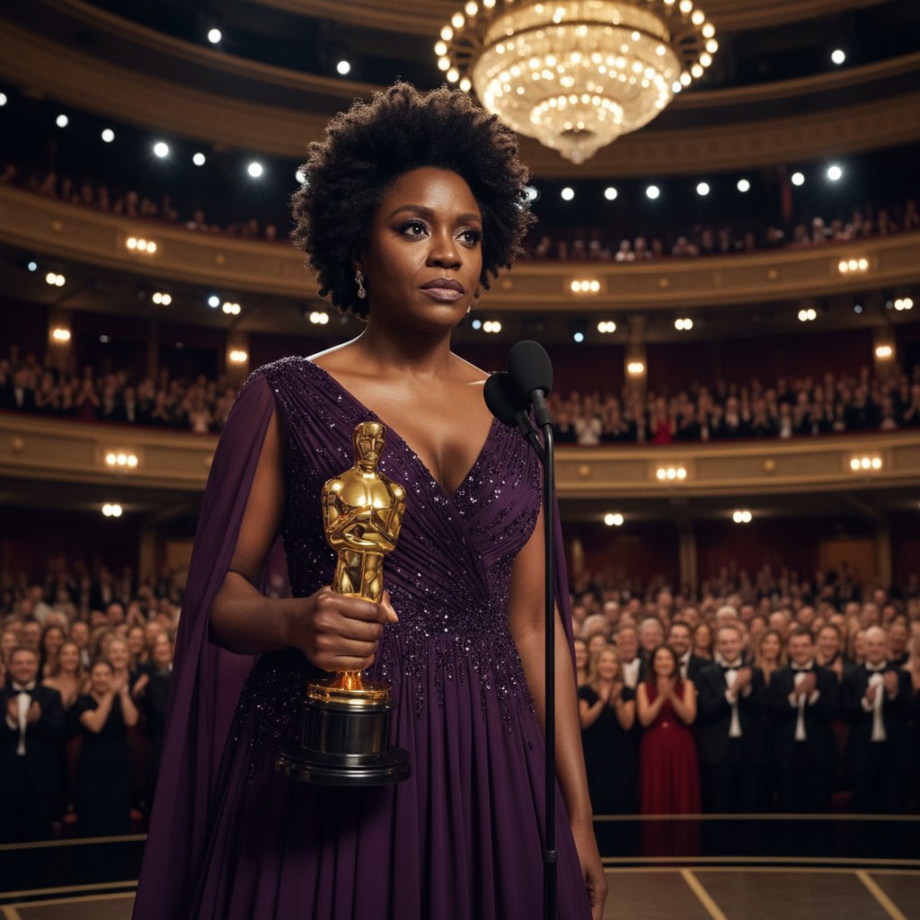 Viola Davis at an awards ceremony, holding her Oscar, expression a mix of pride and determination