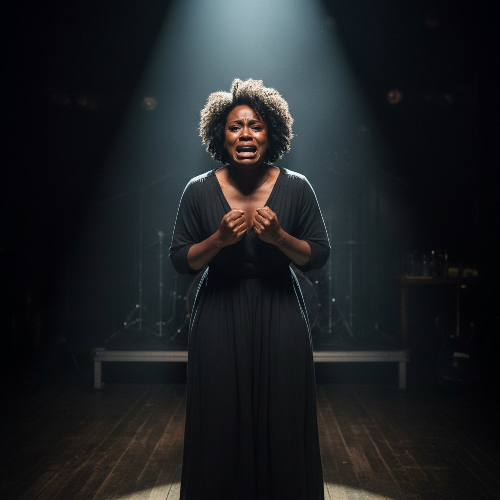 Viola Davis mid-performance on a dimly lit stage, eyes intense, spotlight casting dramatic shadows, audience blurred in the darkness