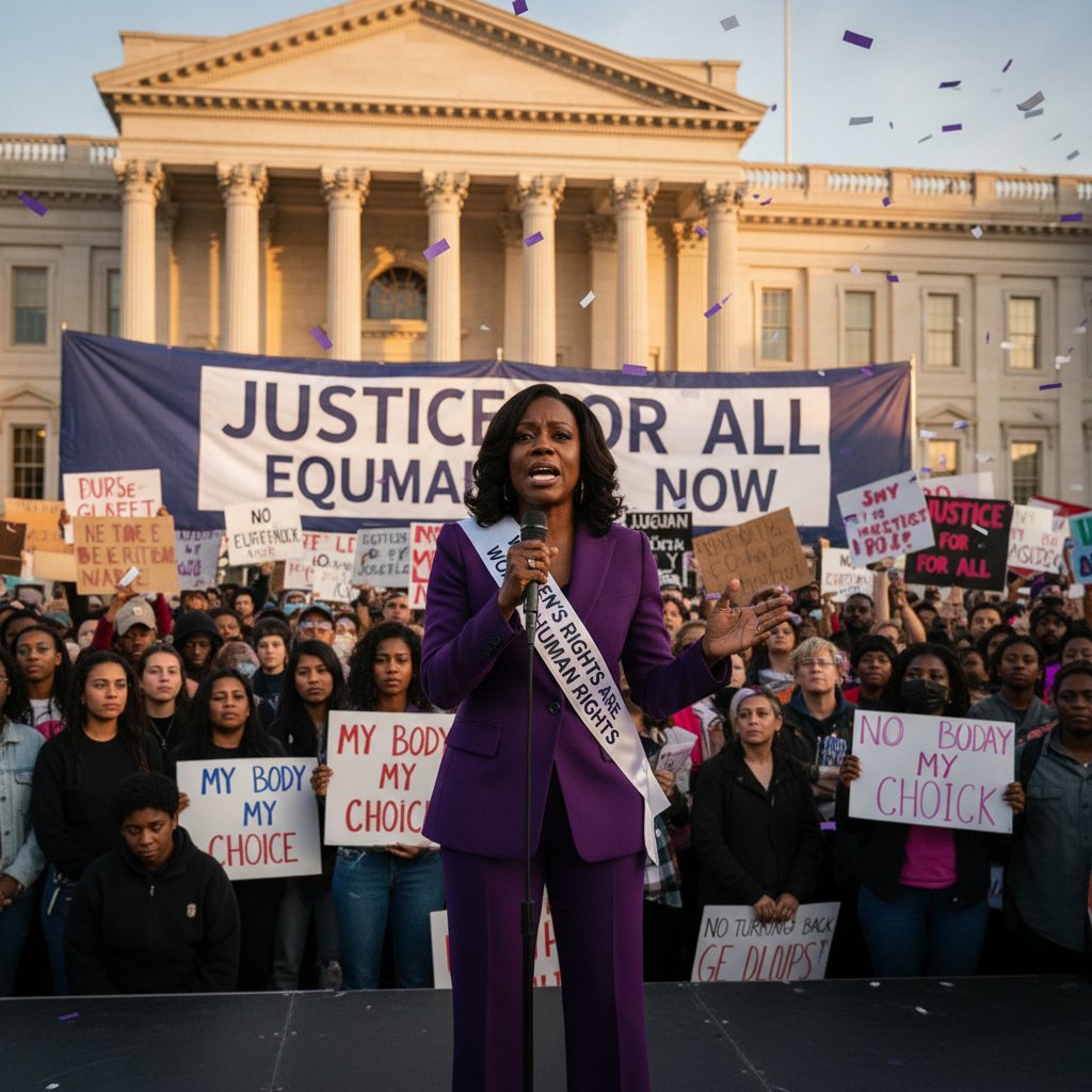 Viola Davis speaking at a protest rally, crowd energized, banners on women’s rights and justice