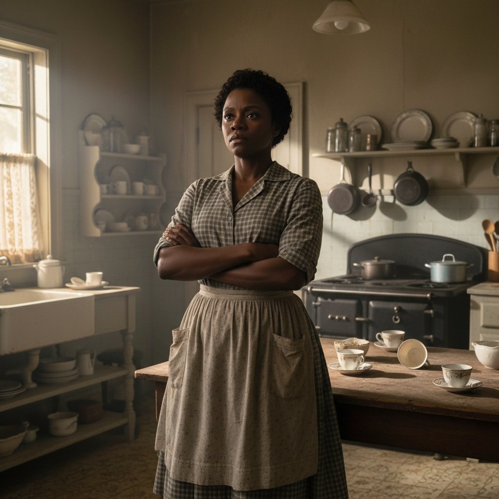 Scene from The Help with Viola Davis in maid uniform, eyes reflecting defiance and pain, 1960s kitchen background