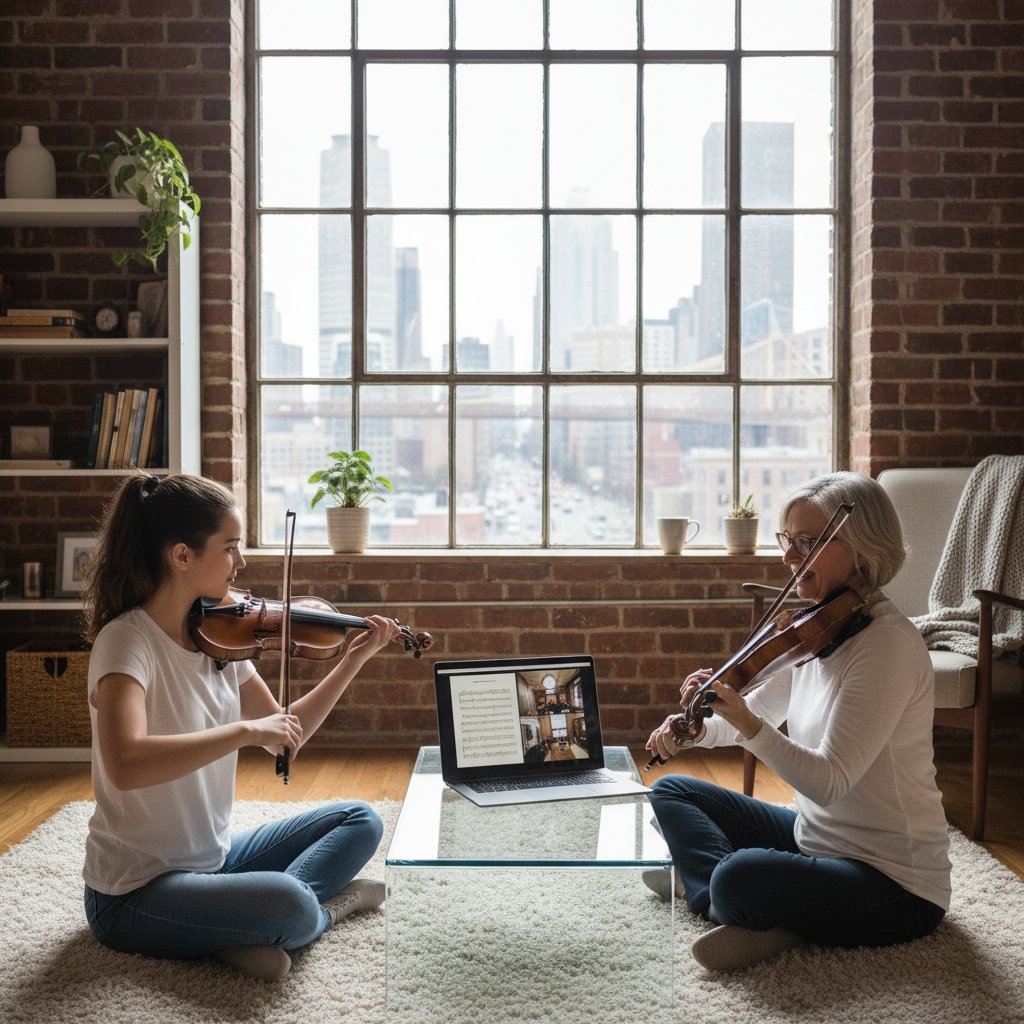 Uczeń skrzypiec grający przed laptopem, intensywnie skupiony podczas nauki online w nowoczesnym mieszkaniu
