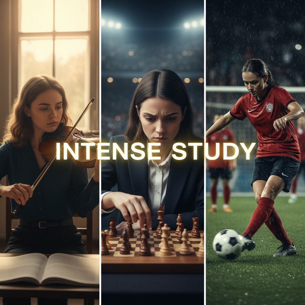 Mistrzowie sportu, muzyki i szachów podczas nauki i ćwiczeń, różnorodne techniki nauki