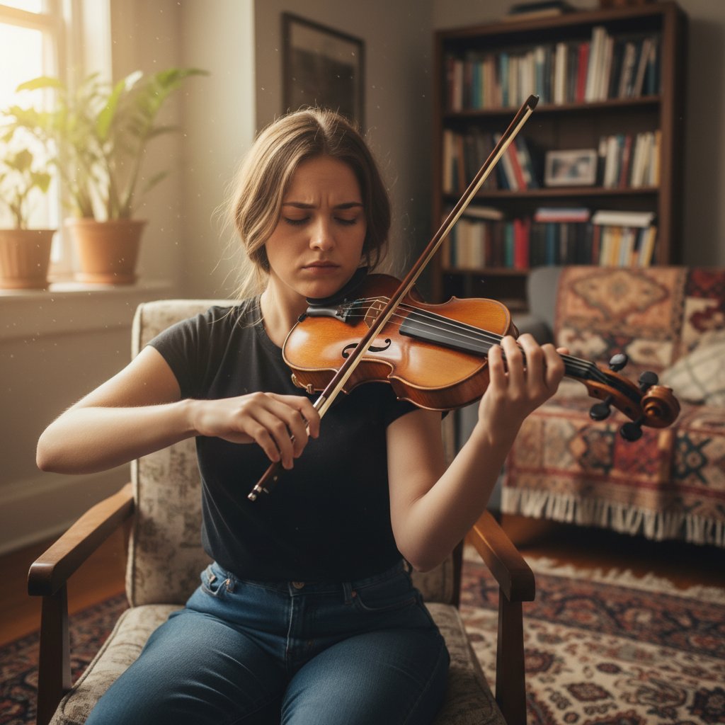Skrzypaczka ćwicząca w domu, w tle nuty, atmosfera skupienia