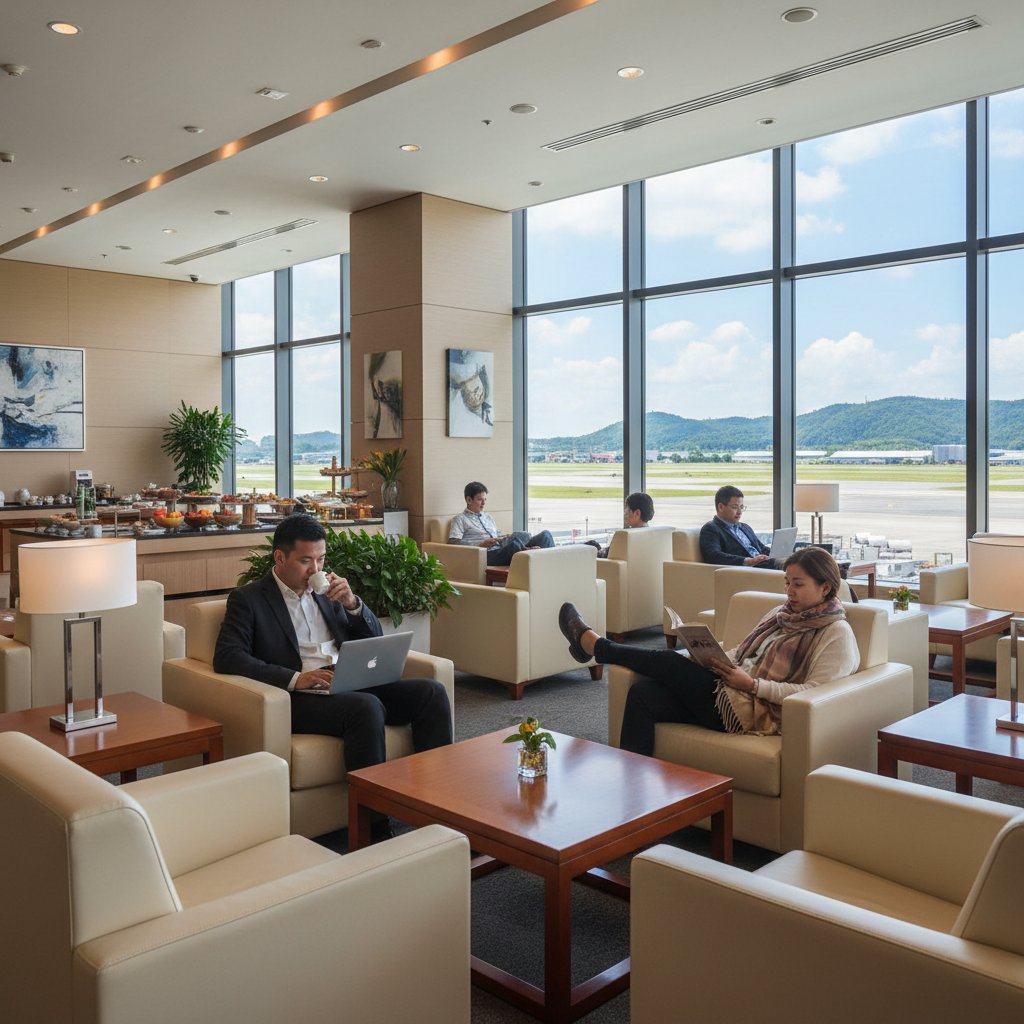 Sleek VIP lounge with travelers relaxing at Fuzhou airport, showcasing modern amenities