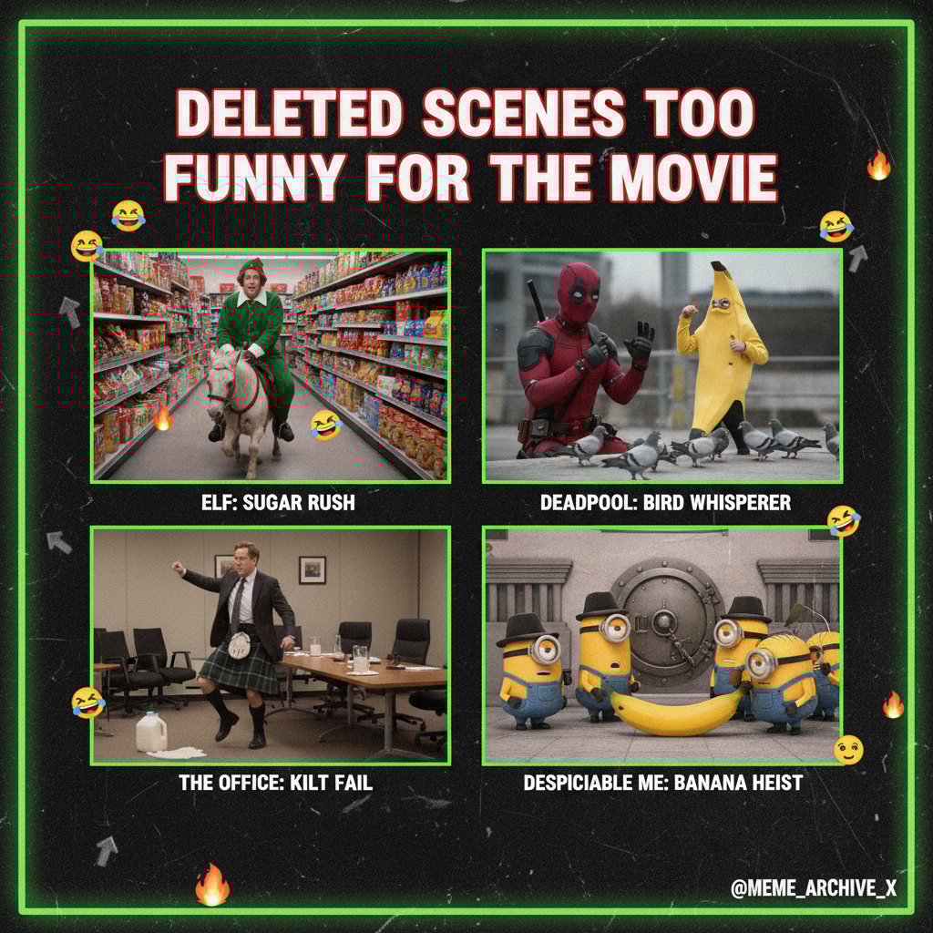 Viral meme images inspired by lost comedy footage, movie deleted scenes comedy, meme collage
