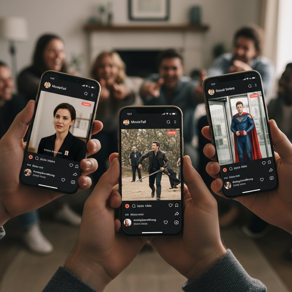 Viral movie bloopers on social media, montage of outtakes on smartphone screens