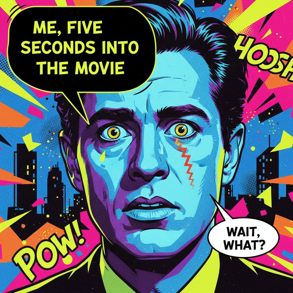 Illustration of a movie character in a viral meme moment, pop-art style, electric colors