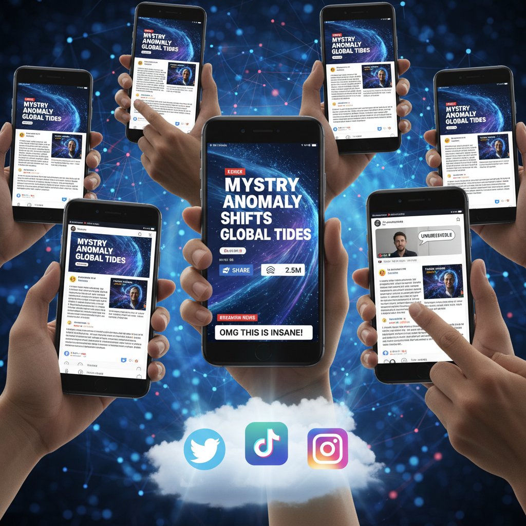 Viral news article shared on multiple mobile screens, social media amplification in digital news