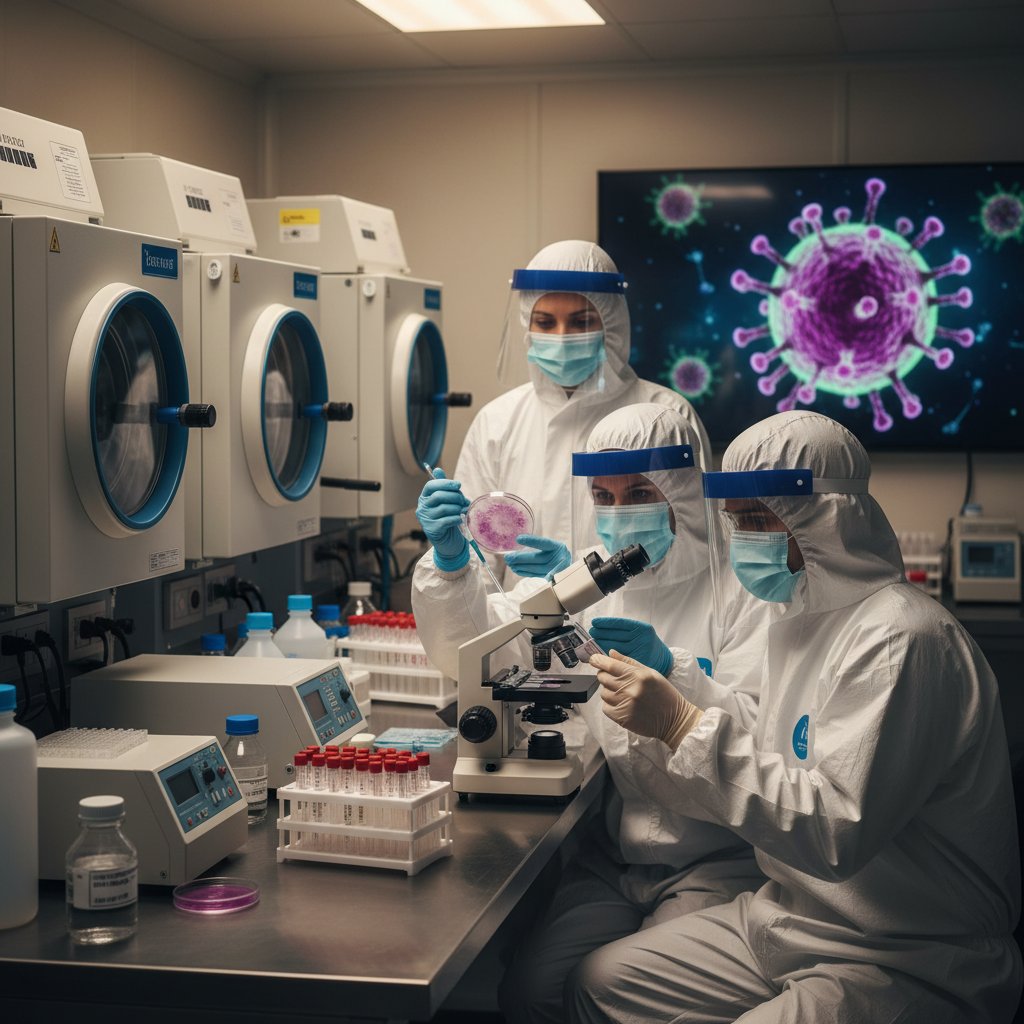 Ujęcie laboratorium wirusologicznego, naukowcy analizują próbki, na ekranie elektronicznym wizualizacja wirusa grypy