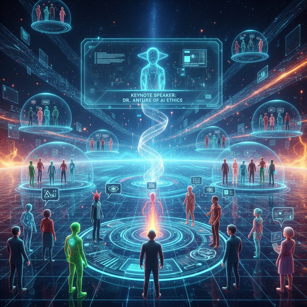 Virtual academic conference in an immersive digital world, hinting at future networking trends.