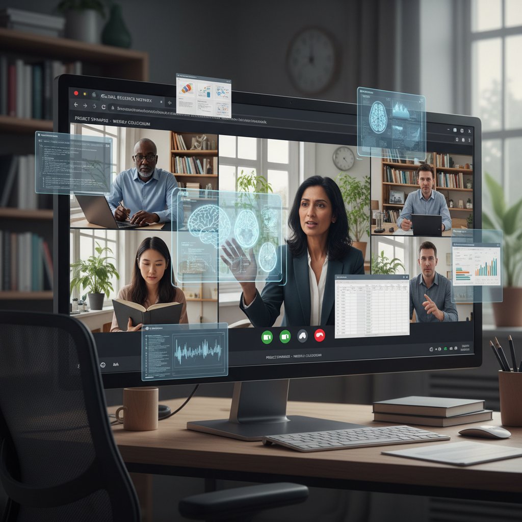 Virtual academic research team collaborating online in 2025, showing diverse researchers on video call, digital workspace, and advanced collaboration tools