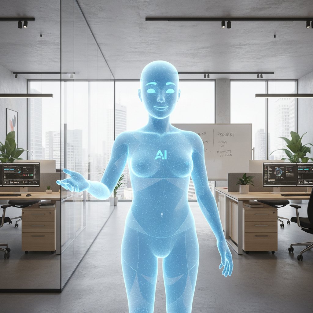 Wirtualny pracownik AI z przyjaznym wyrazem twarzy obsługujący klienta w polskim środowisku pracy