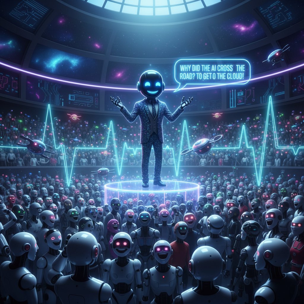 Wirtualny stand-up AI, publiczność śmieje się z żartów bota