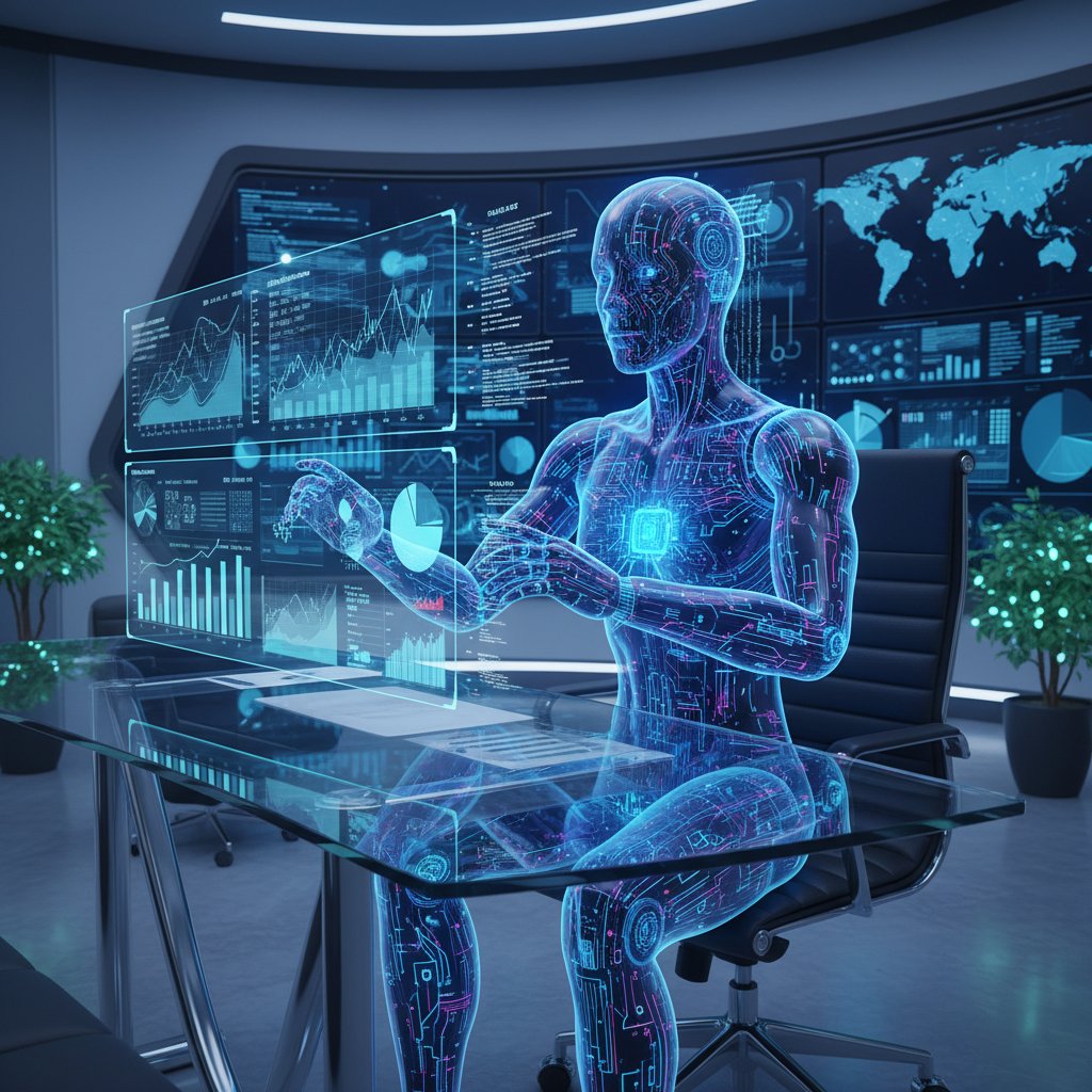 Wirtualny pracownik AI analizujący dane w biurze, wyświetlone cyfrowe wykresy i zestawienia sprzedaży