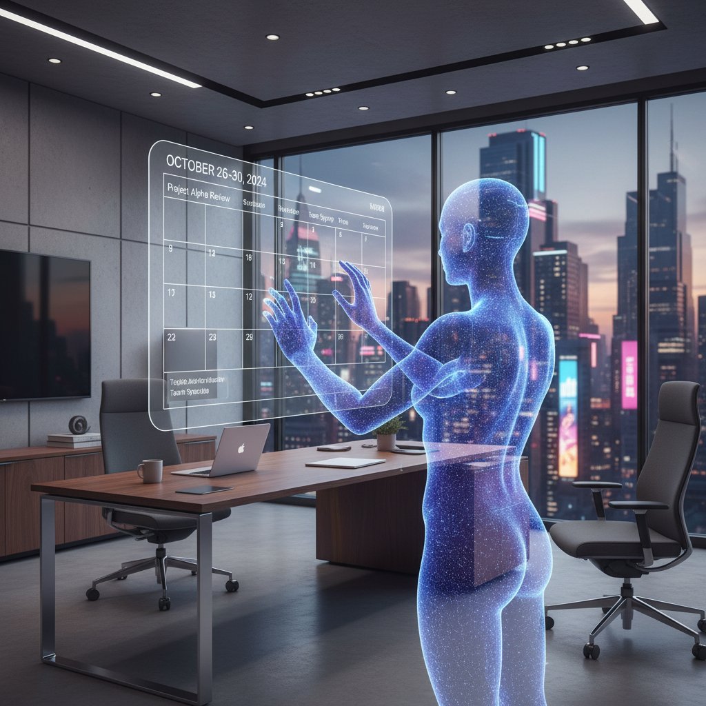 Wirtualny asystent AI zarządzający kalendarzem na laptopie w nowoczesnym biurze